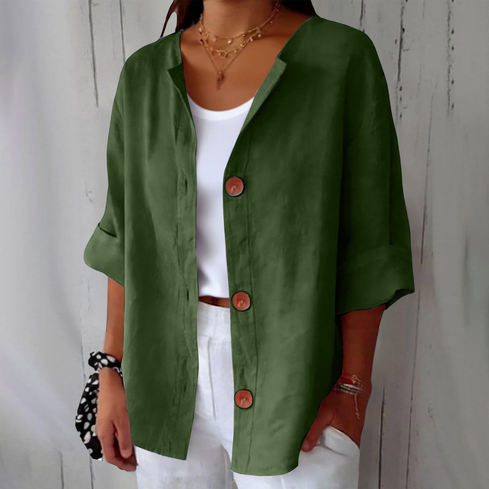 Linen Shirts for Women Summer Cotton Linen V Neck 3/4 Sleeve Tops Loose ...
