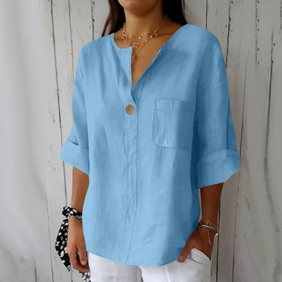Linen Shirts for Women Summer Cotton Linen V Neck 3/4 Sleeve Tops Loose Vacation Beach Solid Blouses Tunic Tops