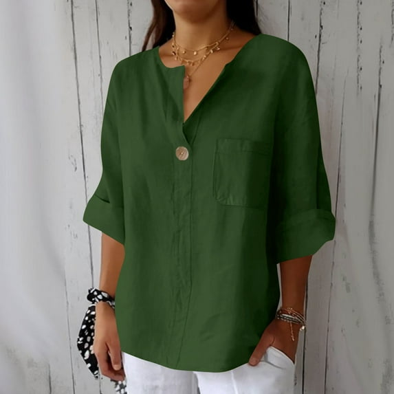 Linen Shirts for Women Summer Cotton Linen V Neck 3/4 Sleeve Tops Loose Vacation Beach Solid Blouses Tunic Tops