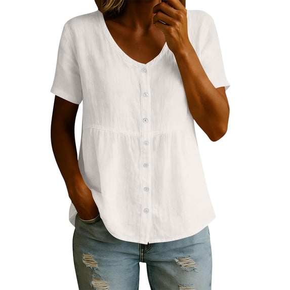 Linen Shirts for Women Summer Empire Waist Cotton Button Peplum Blouse Casual Plus Size Lightweight Gauze Tunic Tops,White,XL