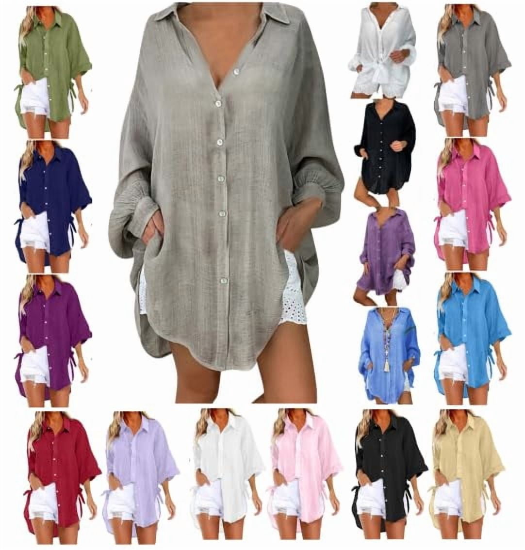 Linen Shirts for Women Summer Long Sleeve Button Down Blouses Lightweight Gauze Loose Casual Fashion Clothes