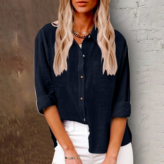 Linen Shirts for Women Summer Long Sleeve Lapel Button Down Shirt Lightweight Gauze Tops Loose Casual Blouses Clothes Dark Blue XL
