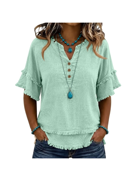 Linen Shirts for Women Summer Raw Hem Gauze Tops Elbow-Length Sleeve Frayed V Neck Henley Shirt Boho Tunic Blouse Mint Green L