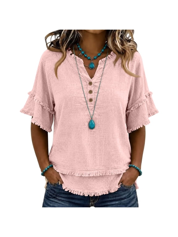 Linen Shirts for Women Summer Raw Hem Gauze Tops Elbow-Length Sleeve Frayed V Neck Henley Shirt Boho Tunic Blouse Pink S