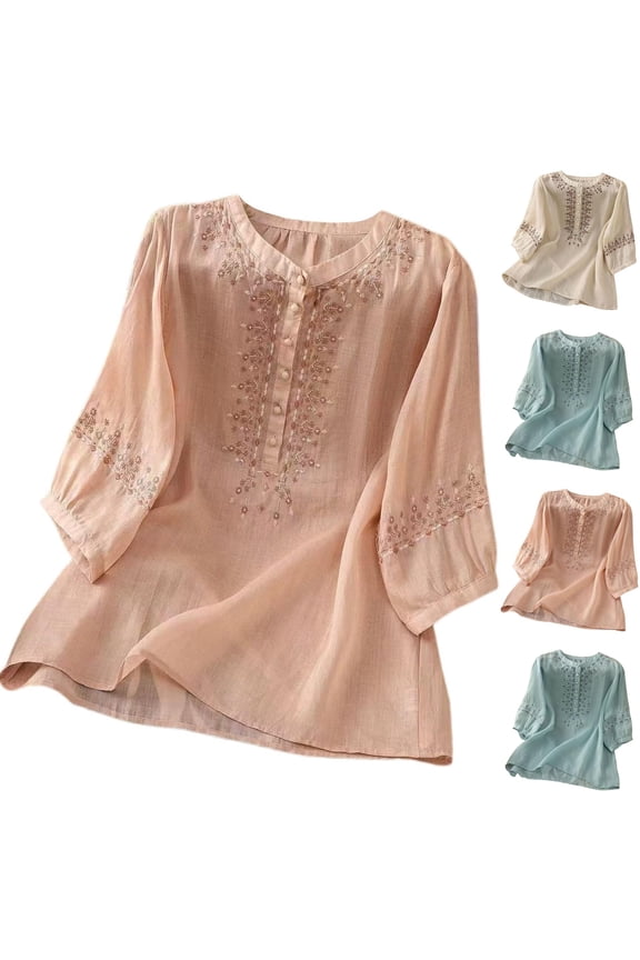 Linen Shirts for Women Summer Retro Embroidered 3/4 Sleeve Boho Peasant Tops Dressy Casual Blouses Blue 2XL