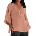 thumbnail image 1 of Linen Shirts for Women, Summer Seven Quarter Sleeve V-Neck Solid Loose T Shirt, Pink L, 1 of 5