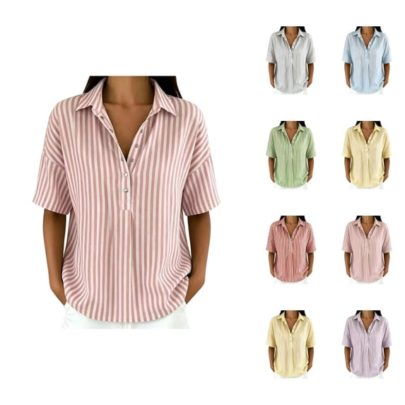 Linen Shirts for Women Summer Short Sleeve Collared Casual Loose Work Blouse Striped T Shirt Beach Vacation Outfits