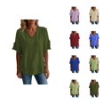 thumbnail image 1 of Linen Shirts for Women Summer Short Sleeve Loose Casual V Neck Raw Distressed T Shirt Lightweight Beach Tops, 1 of 5