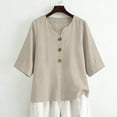 thumbnail image 1 of Linen Shirts for Women Summer Tops Button Down V Neck 3/4 Sleeve Boho Cotton Blouses Casual Loose Basic Solid Tunic Tops Beige S, 1 of 7