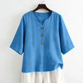 thumbnail image 1 of Linen Shirts for Women Summer Tops Button Down V Neck 3/4 Sleeve Boho Cotton Blouses Casual Loose Basic Solid Tunic Tops Blue L, 1 of 7