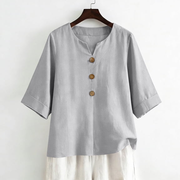 Linen Shirts for Women Summer Tops Button Down V Neck 3/4 Sleeve Boho Cotton Blouses Casual Loose Basic Solid Tunic Tops Light Gray M