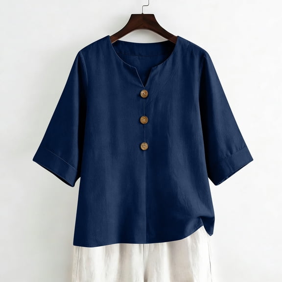 Linen Shirts for Women Summer Tops Button Down V Neck 3/4 Sleeve Boho Cotton Blouses Casual Loose Basic Solid Tunic Tops Navy L