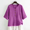 thumbnail image 1 of Linen Shirts for Women Summer Tops Button Down V Neck 3/4 Sleeve Boho Cotton Blouses Casual Loose Basic Solid Tunic Tops Purple 2XL, 1 of 7