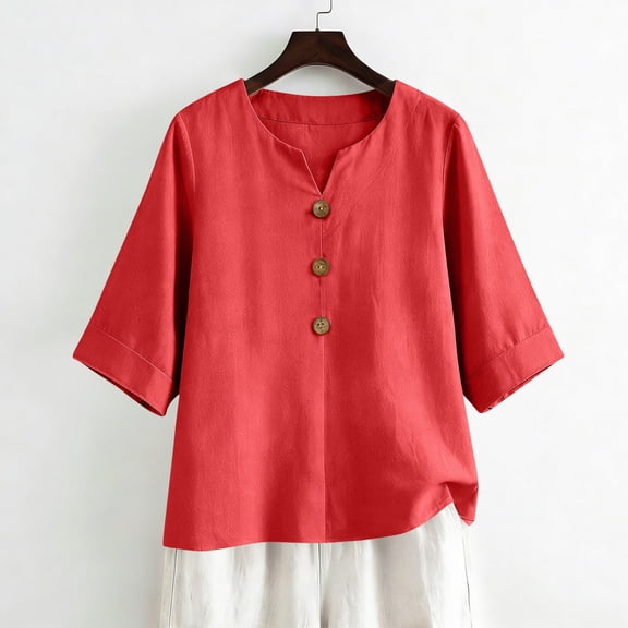 Linen Shirts for Women Summer Tops Button Down V Neck 3/4 Sleeve Boho Cotton Blouses Casual Loose Basic Solid Tunic Tops Red S