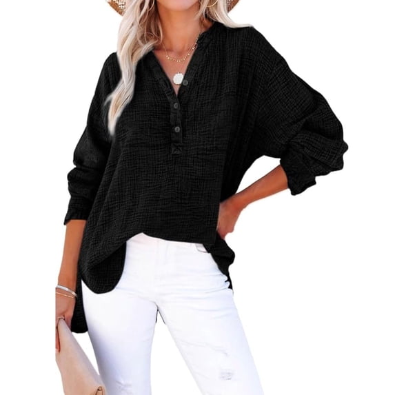 Linen Shirts for Women Summer Tops Casual Gauze Button Neck Long Sleeve Oversized Blouses Tops Lightweight Loose V Neck Pullover Shirts Black M