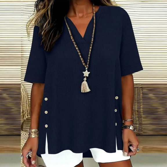 Linen Shirts for Women V Neck Short Sleeve Pullover Tops Buttons Side Slit Hem Oversized Solid Color Summer Casual Boho Tops
