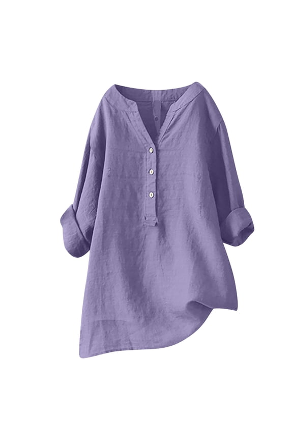 Linen Shirts for Womens Button Up Vneck Loose Fit Blouses Rolled Long Sleeve Oversized Beach Vacation Tops