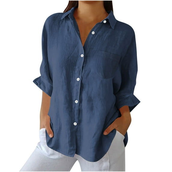 Linen Shirts for Womens Long Sleeve Button up Lapel Loose Comfy Casual Blouse Tops Solid Color Dressy Casual Shirt Navy XX-Large