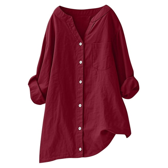 Linen Shirts for Womens Long Sleeves Solid V-Neck Button Blouse Tops Plus Size Loose Comfy Casual Work Shirt Top Fashion Wine Small