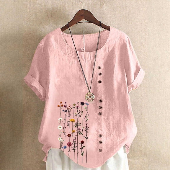 Linen Shirts for Womens Summer Short Sleeved T-Shirts Cute Floral Printing Imitation Cotton Linen Breathable Blouses Casual Round Neck Regular Tops