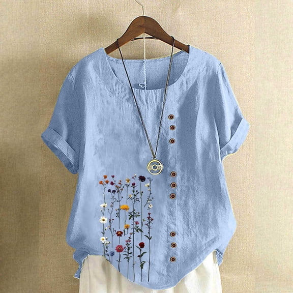 Linen Shirts for Womens Summer Short Sleeved T-Shirts Cute Floral Printing Imitation Cotton Linen Breathable Blouses Casual Round Neck Regular Tops