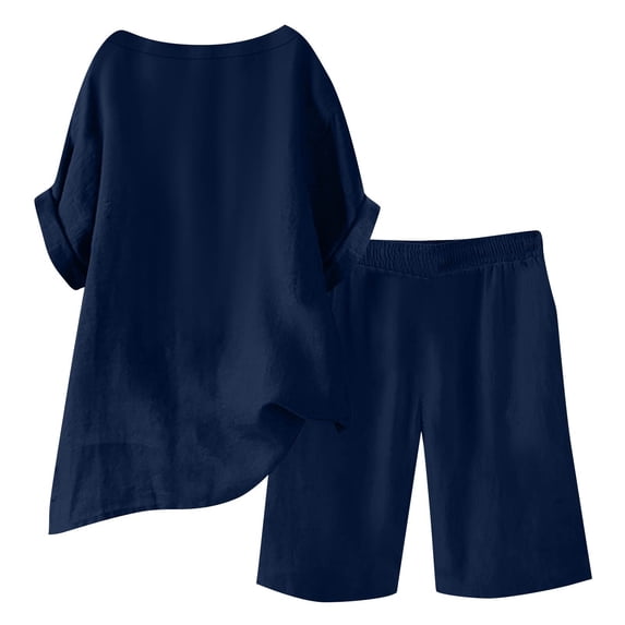 Linen Short Sets for Women 2 Piece Outfits Short Sleeve Button V Neck Shirts and Bermuda Short Sets Vacation Clothes 2026 Blue 2XL