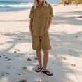 thumbnail image 1 of Linen Short Sets for Women 2 Piece Outfits Short Sleeve Button V Neck Shirts and Bermuda Short Sets Vacation Clothes Coffee M, 1 of 7