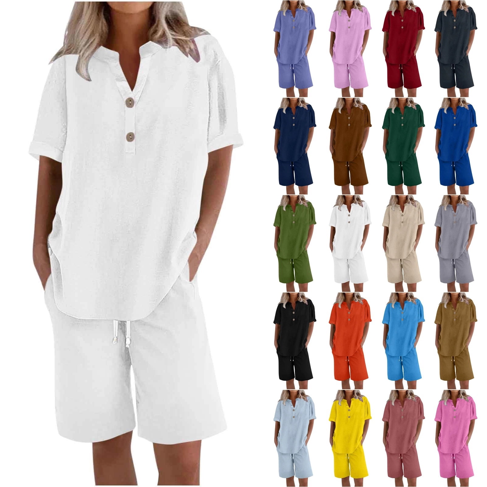 Linen Short Sets for Women 2 Piece Outfits Short Sleeve Button V Neck ...