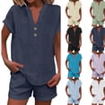 thumbnail image 1 of Linen Short Sets for Women 2 Piece Outfits Short Sleeve Button V Neck Shirts and Short Sets Vacation Clothes,Navy XL, 1 of 6