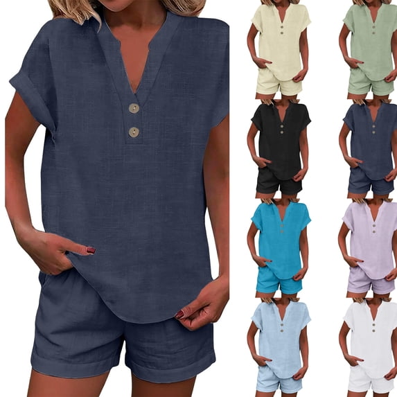Linen Short Sets for Women 2 Piece Outfits Short Sleeve Button V Neck Shirts and Short Sets Vacation Clothes,Navy XL