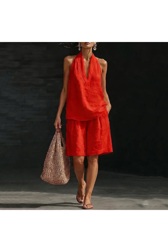 Linen Short Sets for Women 2 Piece Outfits V Neck Halter Tank Tops Knee Length Bermuda Shorts Beach Loungewear Set Red S