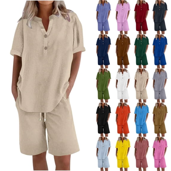 Linen Short Sets for Women 2 Piece Short Sleeve Shirts Wide Leg Shorts Loose Fit Casual Cotton Linen Sets Summer Outfits Khaki M