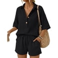 thumbnail image 1 of Linen Short Sets for Women Short Sleeve Top Shorts 2 Piece Summer Beach Vacation Outfits Lounge Tracksuits Black XL, 1 of 2