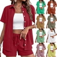 thumbnail image 1 of Linen Short Sets for Women Summer 2 Piece Casual Lounge Sets Button Down Shirt and Drawstring Shorts Outfits, 2XL, 1 of 5