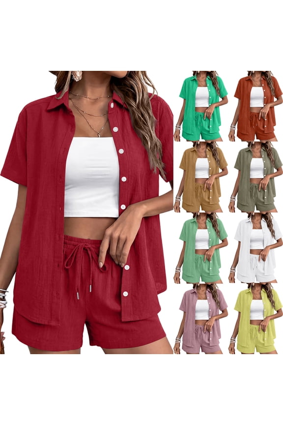 Linen Short Sets for Women Summer 2 Piece Casual Lounge Sets Button Down Shirt and Drawstring Shorts Outfits, M