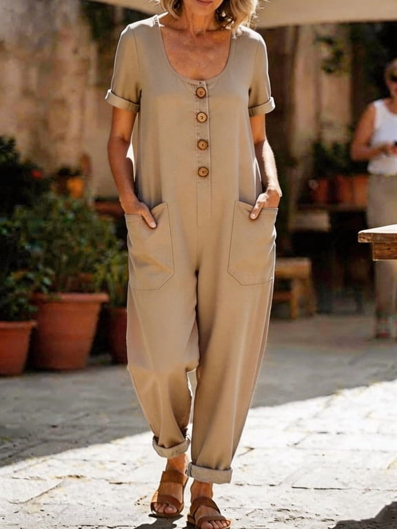 Linen Short Sleeve Jumpsuits Womens Button Down Wide Leg Rompers Baggy Loose Casual Jumper Jumpsuit Khaki, 3XL