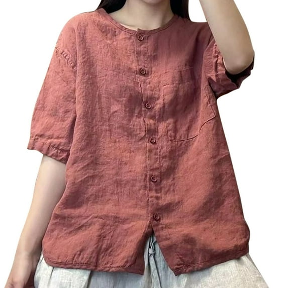 Linen Short Sleeve Round Neck Shirt for Women Vintage Loose Fit Cardigan Versatile Stylish Top for A Youthful Look. Summer Shirts for Women Womens Short Sleeved Athletic Tops Sleeve Shirt Women
