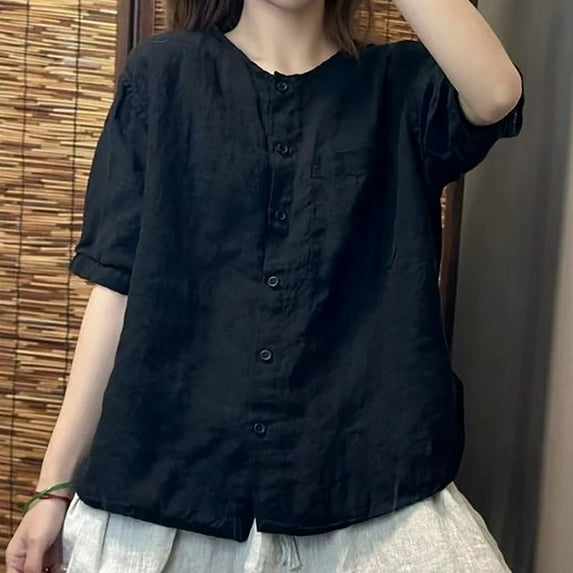 Linen Short Sleeve Round Neck Shirt for Women Vintage Loose Fit Cardigan Versatile Stylish Top for A Youthful Look. Women's Short Sleeve Tops Long Sleeve Shirts Women Loose Fit Athletic Tops