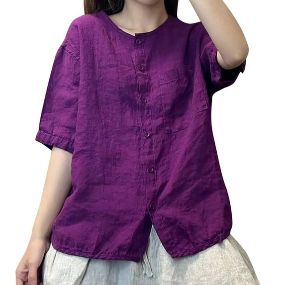 Linen Short Sleeve Round Neck Shirt for Women - Vintage Loose Fit, Cardigan Style, Versatile for a Youthful Look