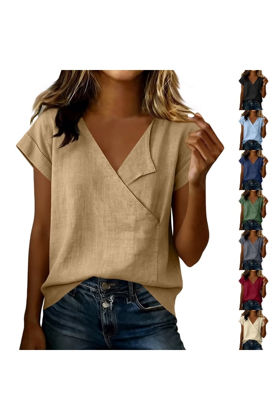 Linen Short Sleeve Tees for Women Crewneck Surplice V Neck Trendy Casual Loose Fit Tunics Vacation Beach Flowy Blouses Tops