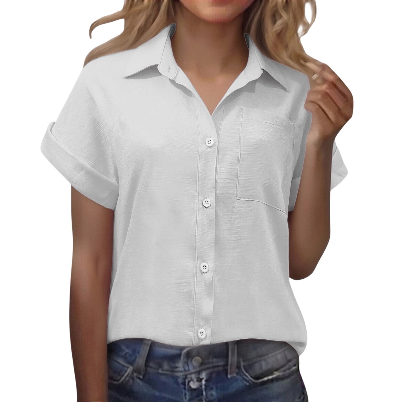 Linen Short Sleeve Tops for Women Beach Vacation Y2K Clothes Collared ...