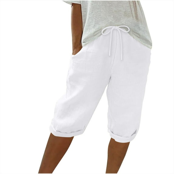 Linen Shorts For Women Sevevn Women's Solid Color Shorts Casual Knee Length Bermuda Shorts