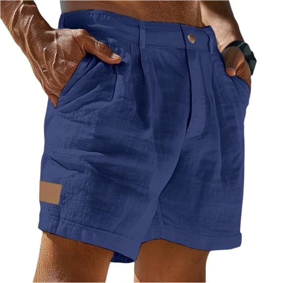 Linen Shorts for Men Drawstring Elastic Waist Shorts Casual Summer Lightweight Beach Vacation Linen Shorts Flat Front Cotton Linen Wear with Pockets,Blue L