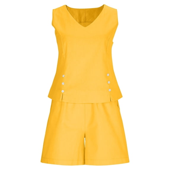 Linen Shorts Sets Women 2 Piece Outfits Solid Color Spring Summer Casual Tank Tops And Pants Set with Pockets