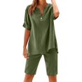 thumbnail image 1 of Linen Shorts Sets Women Summer 2 Piece Outfits Casual Cotton Linen Button V-Neck Short Sleeve Shirts Tops and Elastic Waist Short Pants Matching Sets, 1 of 9