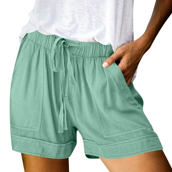 Linen Shorts for Women 2025 Clearance Plus Size Shorts Pull on Lightweight Summer Shorts Loose Elastic Waist Drawstring Lounge Casual Comfy Shorts Trendy Vacation Beach Shorts With Pockets 4" Inseam