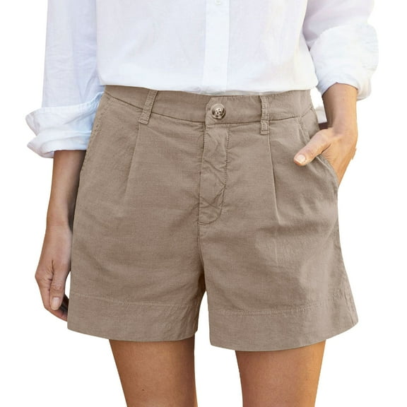 Linen Shorts for Women, Audhol Linen Shorts for Women Summer High Waisted Button Fly Shorts Baggy Business Casual Work Shorts with Pockets Shorts Women Khaki1 L