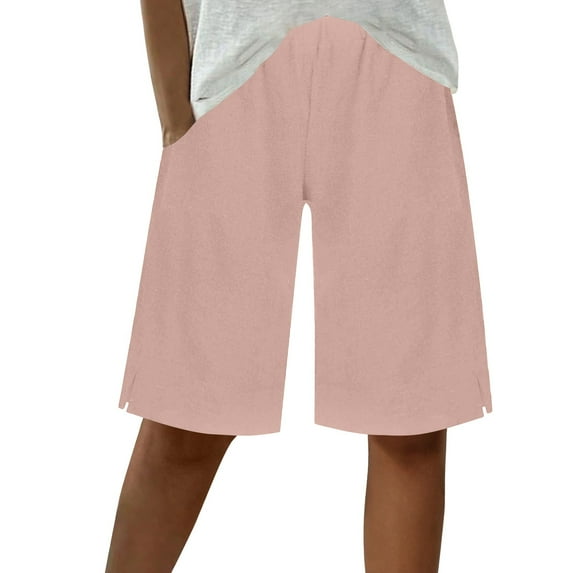 Linen Shorts for Women, Audhol Shorts for Women Wide Leg Linen Knee Length Summer Casual Long Shorts Loose High Waisted Short with Pockets Wide Leg Shorts for Women Pink 2XL