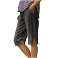thumbnail image 1 of Linen Shorts Women Casual Soft Bermuda Shorts Knee Length Summer Elastic Waisted Side Split Button Pants with Pockets Solid Color Capris,Dark Gray,L, 1 of 5