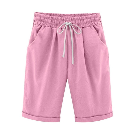 Linen Shorts Women Cotton Linen Drawstring Shorts Solid Color Elastic Waist Pants with Pockets Comfy Breathable Baggy Casual Outwork Beach Vacation Daily Clothes